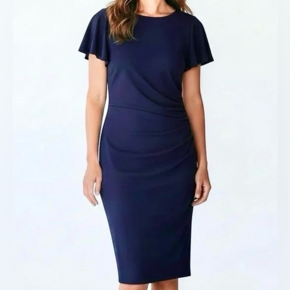 Chaps L NWOT Navy Draped Midi cocktail or work office dress